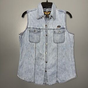 Harley Davidson Vintage Womens Denim Sleeveless Snap Front Vest Size Large Patch